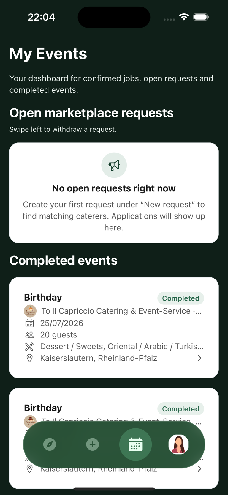 Caterino uygulamasında bir catering profili