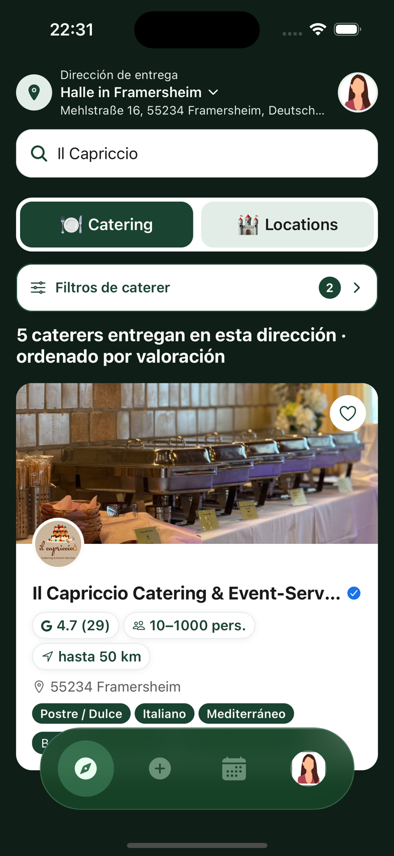 Catering y locales en Descubrir de la app Caterino