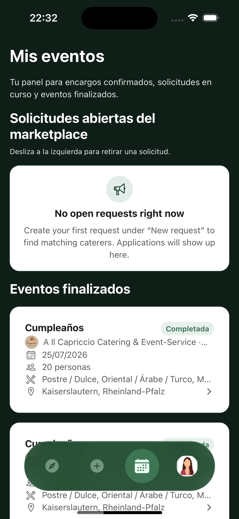 Perfil de un caterer en la app Caterino