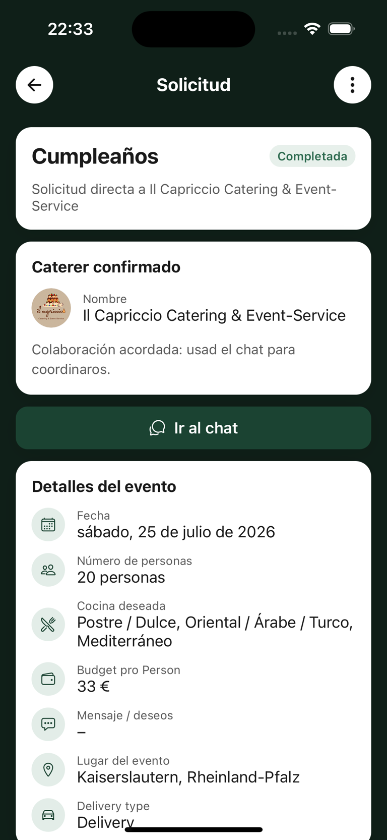 Solicitud de catering en la app Caterino