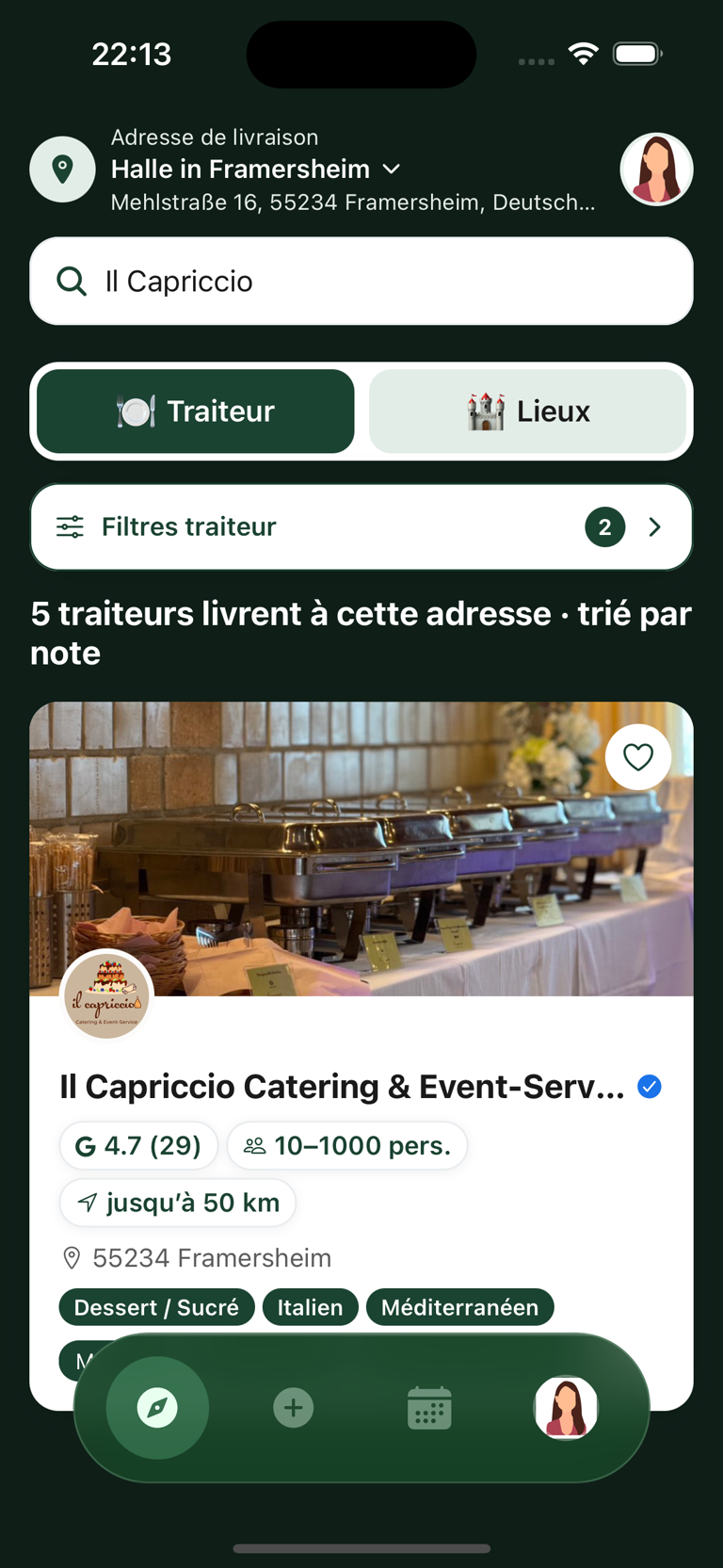 Traiteurs et lieux dans la section Découvrir de l'appli Caterino