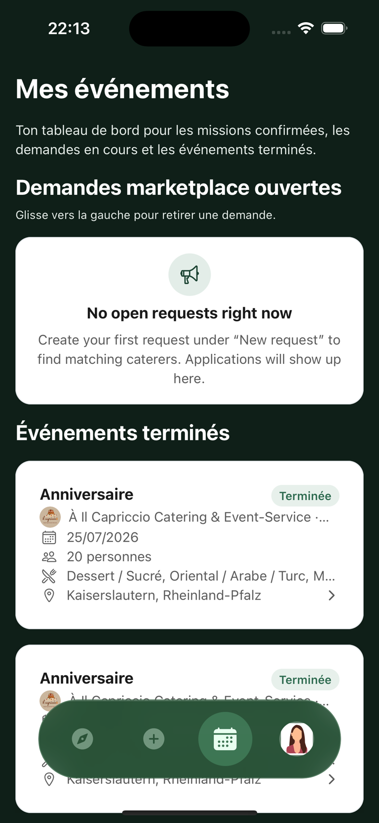 Profil d'un traiteur dans l'appli Caterino