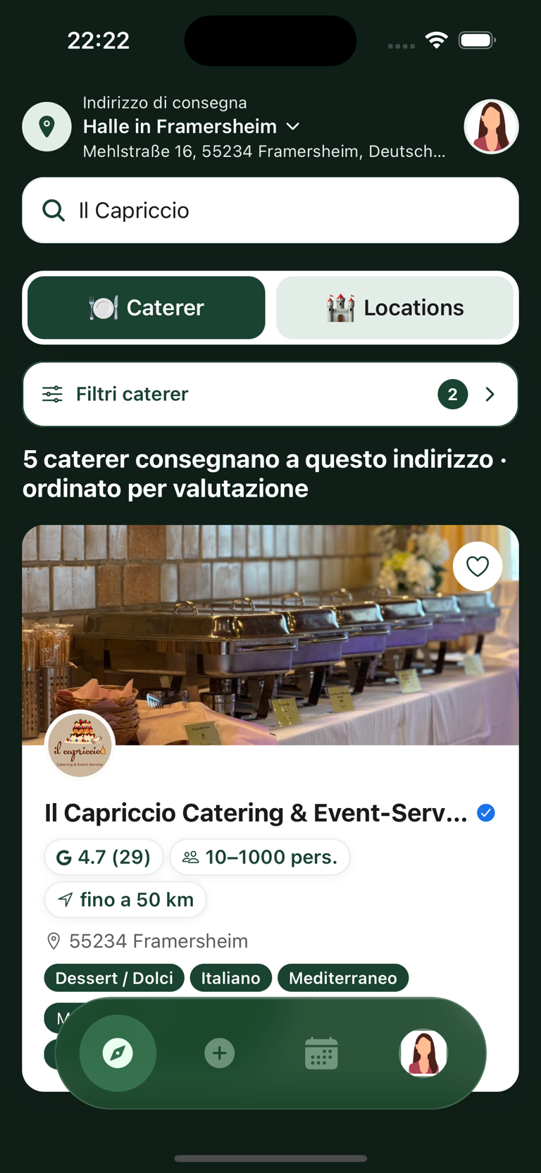 Caterer e location nella sezione Scopri dell'app Caterino