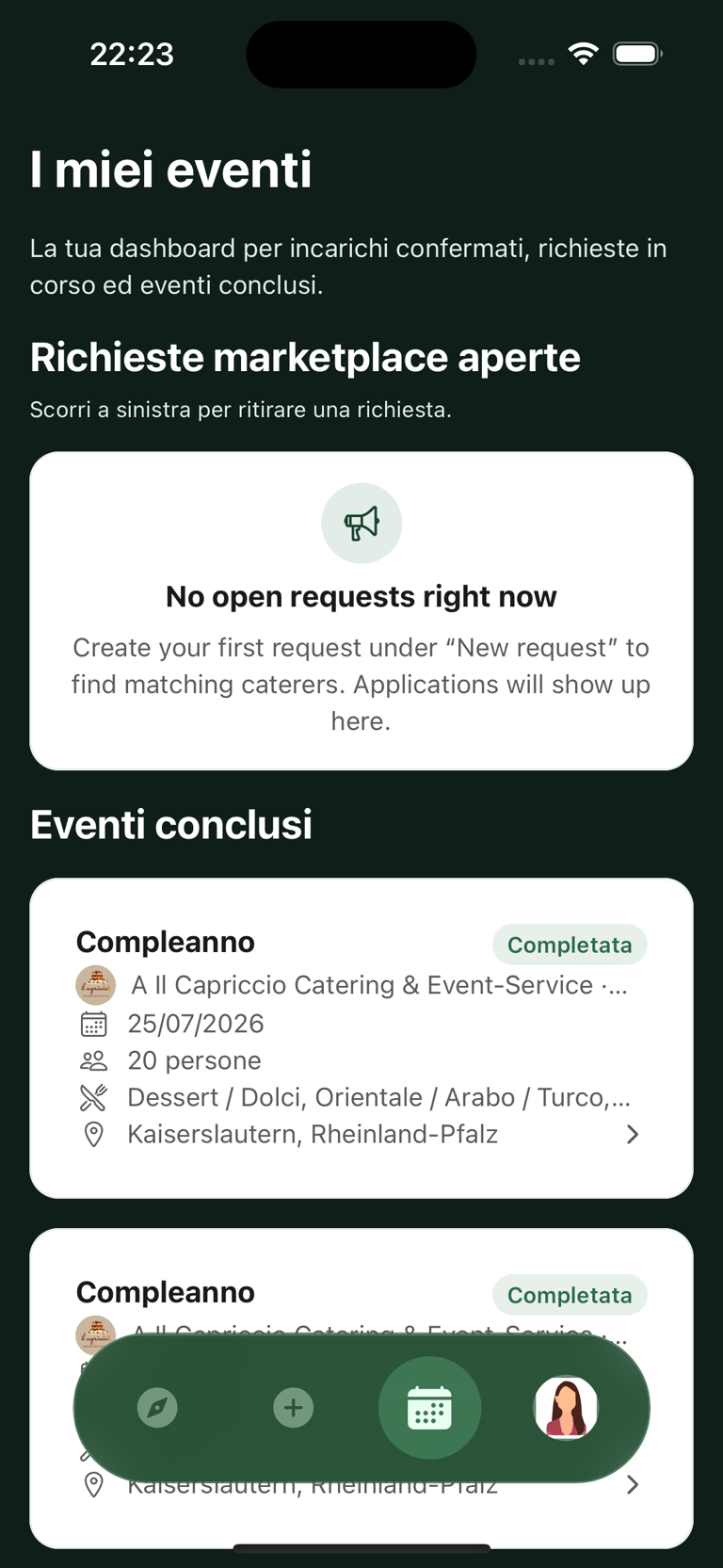 Profilo di un caterer nell'app Caterino
