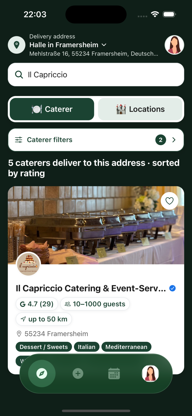 Caterers and venues in the Caterino discover feed