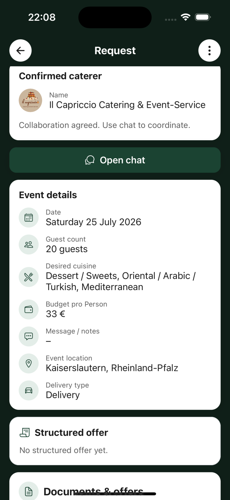 Caterer profile in the Caterino app