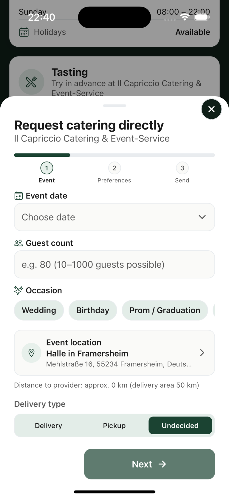 Catering request form in the Caterino app
