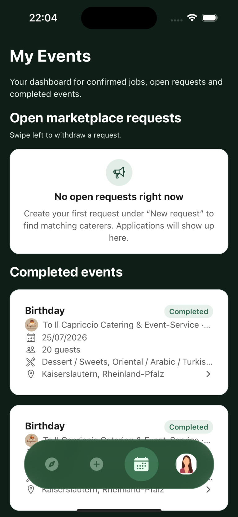 My Events in the Caterino app