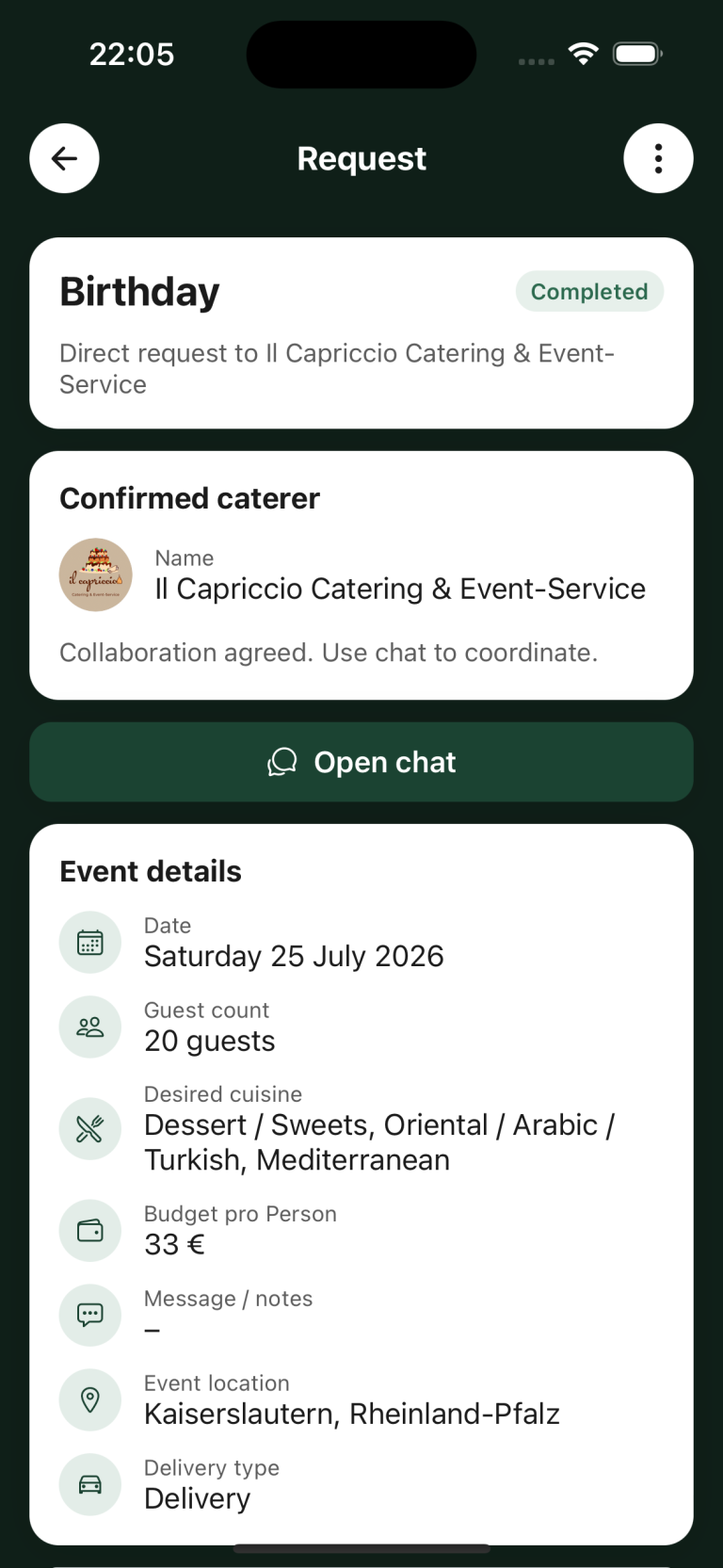 Catering request in the Caterino app